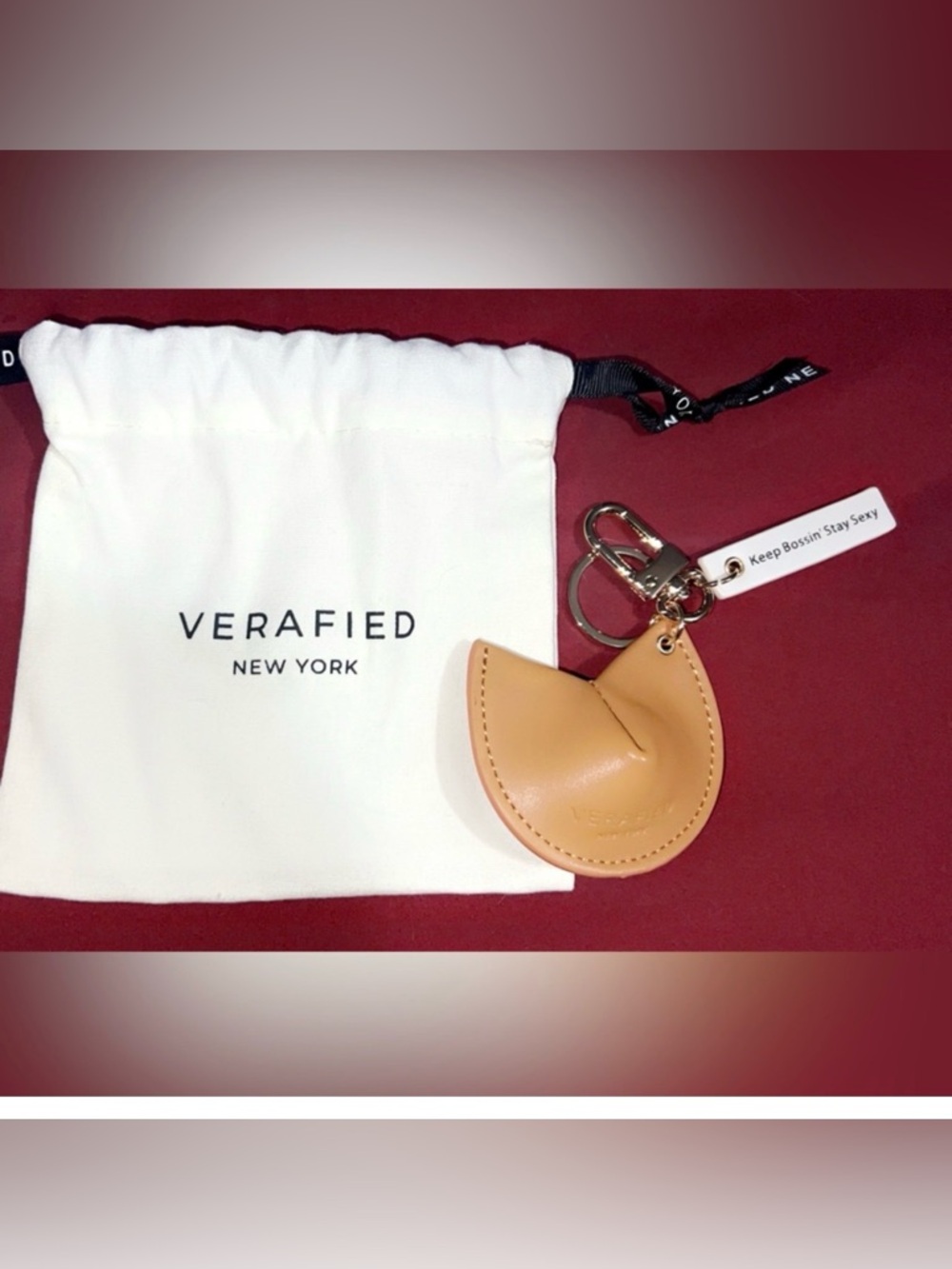Verafied New York Tan Leather Fortune Cookie Keychain NWOT 🔥🔥🔥